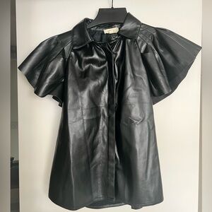 Elan Black Leather Women's Flutter-sleeve Top